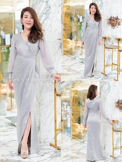ชุดออกงาน ชุดไปงานแต่ง เดรสยาวสีเทา แขนยาว เรียบหรู สวยๆ ใส่ดูดีมากๆ