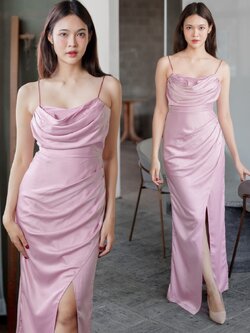 ชุดออกงานสีชมพู สายเดี่ยว คอถ่วง เรียบหรูดูแพงสวยหรูดูดี ใส่ออกงานราตรี งานแต่งงานกลางคืน ชุดงานประกวด งานรับรางวัล