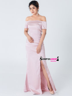 ชุดออกงานราตรียาวสีชมพู เปิดไหล่ เรียบหรูดูแพง สวยดูดี ใส่ออกงานราตรี ไปงานแต่งงาน งานเลี้ยง งานบายเนียร์