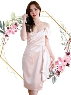 ชุดไปงานแต่งงานสีทองโรสโกลด์ สายเดี่ยว คอวี เว้าไหล่ปิดต้นแขน ทรงเข้ารูป เรียบ หรู ดู แพง ใส่ได้ทั้งงานกลางวัน งานกลางคืน เพื่อนเจ้าสาว งานราตรี