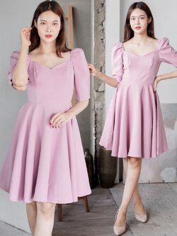 ชุดเดรสสั้นสีชมพูสวยหวาน เรียบหรูดูดี สไตล์มินิมอล ใส่ออกงาน ชุดไปงานแต่งงาน ชุดราตรี