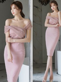 ชุดเดรสออกงานสีชมพู ปาดไหล่ เดรสทรงเข้ารูป เรียบหรู สวย ดูดี ใส่เป็น ชุดราตรี ชุดออกงาน ชุดไปงานแต่งงาน กลางวัน กลางคืน