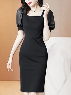 ชุดเดรสสีดำ เดรสสั้นสีดำ ทรงเอเข้ารูป แขนสั้น สวยสุภาพ เรียบหรูดูดี ดูแพง