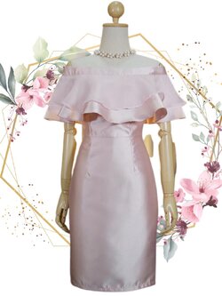 ชุดราตรี ชุดออกงาน ชุดไปงานแต่งงานสีชมพู ทรงเปิดไหล่แต่งระบาย แนวเรียบหรู สวยสง่า ดูแพง