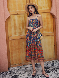 พร้อมส่ง !! ชุดเดรสยาวลายโบฮีเมียนสีน้ำเงินกรมท่า แฟชั่นชุดไปเที่ยวทะเลสวยๆ ใส่เดินเล่นริมทะเล ใส่ถ่ายรูป