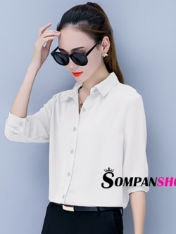 เสื้อเชิ้ตผู้หญิงทำงานสีขาว แขนยาว กระดุมหน้า ผ้าชีฟอง