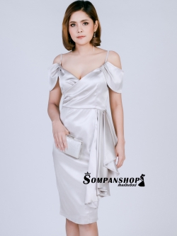 ชุดราตรี ชุดออกงาน ชุดไปงานแต่งงานสีเทา สายเดี่ยว คอวี เว้าไหล่ปิดต้นแขน ชุดทรงเข้ารูป แนวเรียบหรู สวยหรูดูแพง แอบเซ็กซี่