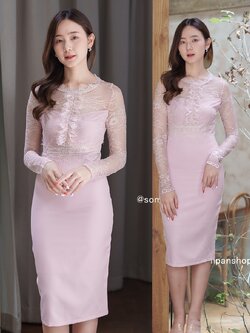 ชุดออกงานสีชมพู เดรสสั้นลูกไม้ทรงเข้ารูป เรียบหรู สวย ดูดี ชุดราตรี ชุดออกงาน ชุดไปงานแต่งงานกลางวัน กลางคืน