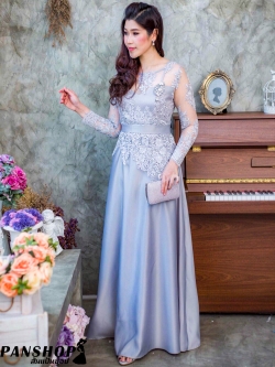 ชุดออกงานราตรียาวสีเทา แขนยาวปักลูกไม้ กระโปรงยาวผ้าไหมอิตาลี เรียบหรูดูแพง ชุดไปงานแต่งผู้ใหญ่ ชุดราตรีผู้ใหญ่