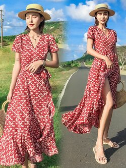 ชุดเดรสยาวสีแดงลายดอก แขนสั้น เชือกผูกเอว กระโปรงแต่งระบาย แฟชั่นชุดใส่เที่ยวทะเล ไอเดียชุดแต่งตัวไปเที่ยวทะเล ใครมีแพลนไปทะเลแต่ยังไม่ได้หาชุดต้องดู