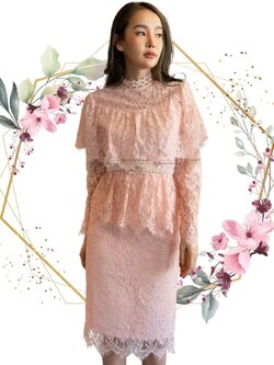 พร้อมส่ง !! ชุดออกงานผู้ใหญ่/ชุดคุณแม่ชมพู ชุดลูกไม้2ชิ้น เสื้อลูกไม้+กระโปรงลูกไม้