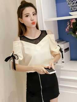 เสื้อแฟชั่นสวยๆสีครีมเบจ แต่งตาข่ายซ๊ทรู แขนสามส่วน