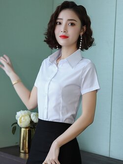 เสื้อเชิ้ตทำงานผู้หญิงสีขาวแขนสั้นผู้หญิง กระดุมหน้า ผ้าชีฟอง ใส่ทำงานได้