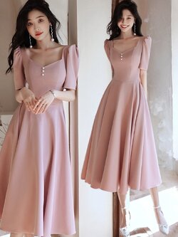 ชุดออกงานสีชมพู เดรสสั้นแขนสามส่วนกระโปรงทรงบาน สวยหวาน เรียบหรู สวยดูดี สไตล์มินิมอล ใส่ได้ทั้งงานกลางวัน กลางคืน ชุด after party