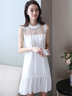ชุดเดรสสั้นสีขาว แขนกุด ทรงปล่อย สวยน่ารัก แฟชั่นสไตล์เกาหลี
