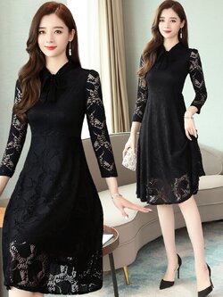 ชุดทำงานสีดำ ชุดเดรสสั้นสีดำ ชุดกระโปรงสีดำ แขนยาว กระโปรงคลุมเข่า ผ้าถูกไม้