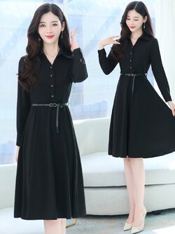 ชุดทำงานสีดำ ชุดเดรสสั้นสีดำ ชุดกระโปรงสีดำ คอเชิ้ต แขนยาว กระโปรงคลุมเข่า