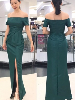 ชุดออกงานราตรี/ไปงานแต่งไซส์ใหญ่สีเขียว เดรสยาวทรงปาดไหล่ ปิดต้นแขน เอวแต่งจีบระบายสวยเก๋