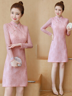 พร้อมส่ง !! ชุดเดรสลูกไม้ชมพู เดรสทรงตรงเข้ารูป คอจีน แขนยาว แนวเรียบร้อย สวยดูดี ชุดเดรสทำงาน ชุดเดรสออกงาน ชุดเดรสไปงานแต่ง