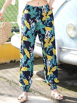 พร้อมส่ง !! กางเกงขายาวลายโบฮีเมียนโทนสีเขียวลายใบไม้ ชุดใส่เดินเล่นถ่ายรูปริมชายหาดสวยๆ แฟชั่นชุดไปทะเล ชุดเที่ยวทะเล