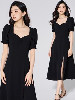 ชุดเดรสสีดำเรียบเรียบร้อยสวยสุภาพ เดรสสั้นแขนสั้นจั๊ม กระโปรงทรงบานคลุมเข่า