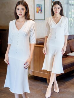 ชุดเดรสออกงานสีขาว คอวี แขนสามส่วน แนวเรียบหรู สวยดูดี ใส่ทำงาน ใส่ออกงาน ไปงานแต่ง