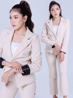 ชุดสูทผู้หญิงสีครีมเบจ เซ็ท2ชิ้น เสื้อสูท+กางเกงขายาวทรงกระบอกเล็ก