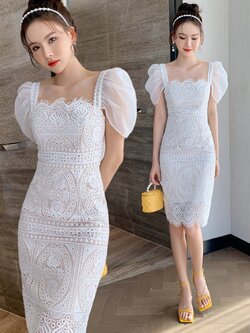 ชุดออกงาน ชุดไปงานแต่งสีขาว เดรสลูกไม้ทรงเข้ารูป แขนสั้นผ้าชีฟอง แนวเรียบหรู สวยดูดี ใส่ได้ทั้งงานกลางวัน/งานกลางคืน