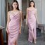 ชุดออกงานสีชมพู สายเดี่ยว คอถ่วง เรียบหรูดูแพงสวยหรูดูดี ใส่ออกงานราตรี งานแต่งงานกลางคืน ชุดงานประกวด งานรับรางวัล