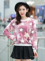 เสื้อแฟชั่นเกาหลีน่ารักๆ สีม่วง พิมพ์ลายเก๋ๆ ผ้าขนนุ่มสบาย คอกลม แขนยาว เอวจั๊ม