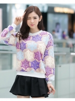 เสื้อแฟชั่นเกาหลีน่ารักๆ สีฟ้า ม้วง พิมพ์ลายเก๋ๆ ผ้าขนนุ่มสบาย คอกลม แขนยาว เอวจั๊ม