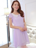 ชุดเดรสทำงานแนวหวาน น่ารักๆ สีม่วง ผ้าชีฟอง คอปก แขนสั้น ซิปข้าง กระโปรงบาน ซับในทั้งตัว