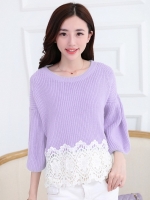 เสื้อแขนยาวแฟชั่นเกาหลี สีม่วง ผ้าไหมพรม แขนพองๆ ปลายเสื้อแต่งระบายลูกไม้ คอกลม